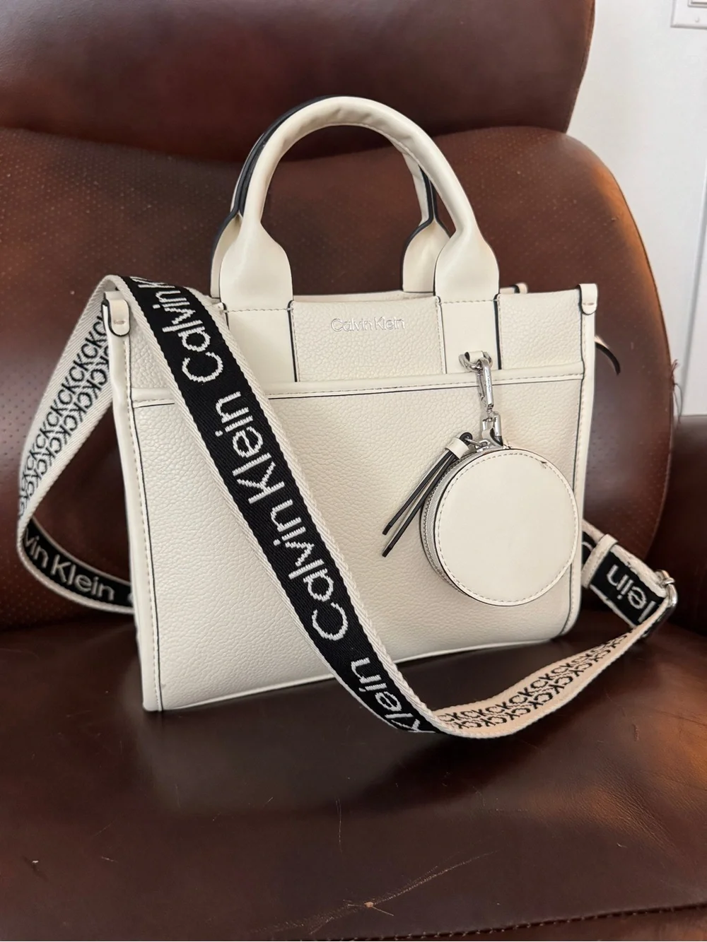 Calvin Klein Cream Pebble Leather Crossbody Tote with Logo Strap